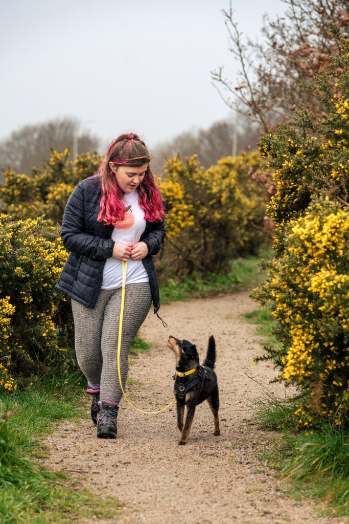 Amy the dog walker, walking with her own small dog